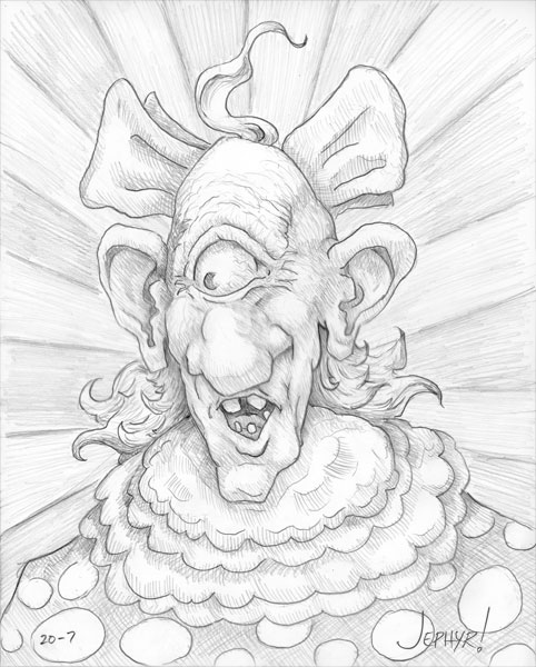 "Maniocle The Clown" - Pencil &mdash; Character Sketch - Copyright 2020, Jephyr (Jeff Curtis), All Rights Reserved